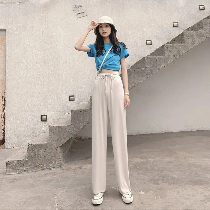 SaneShoppe - 2026 Spring and Summer New Women Solid Color Fashion Wide Leg Pants Outdoor Leisure Breathable Drawstring Pocket Sports Pants