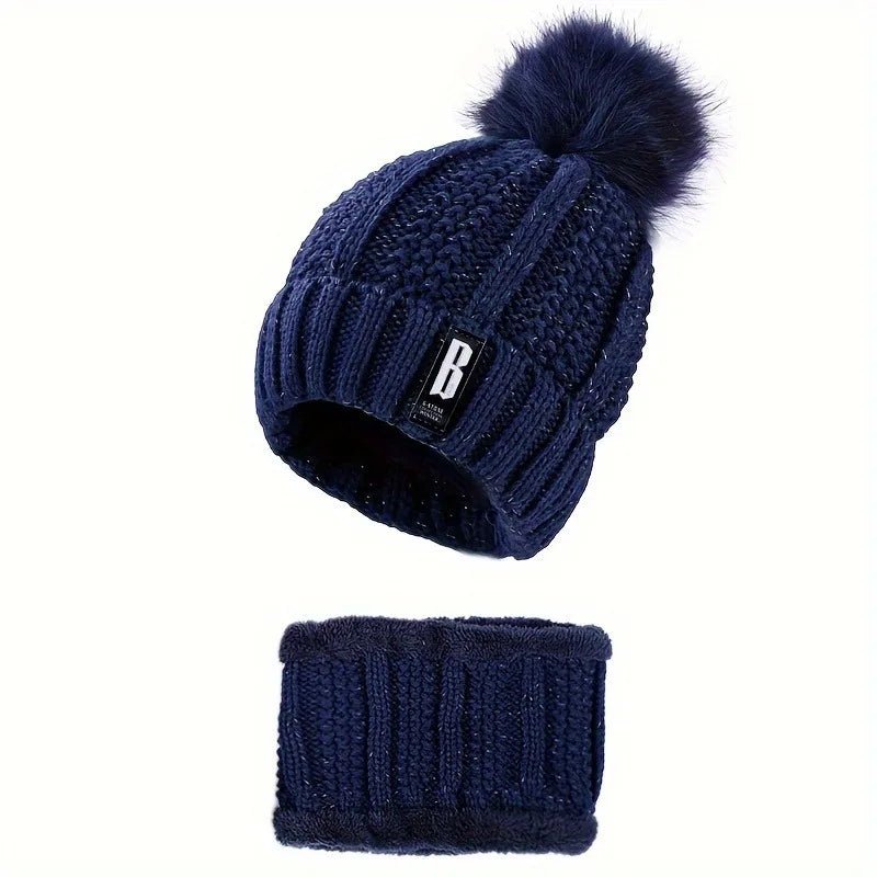 SaneShoppe - 2PCS winter warm knit hat set Winter hat thick plush windproof cold casual warm hat scarf