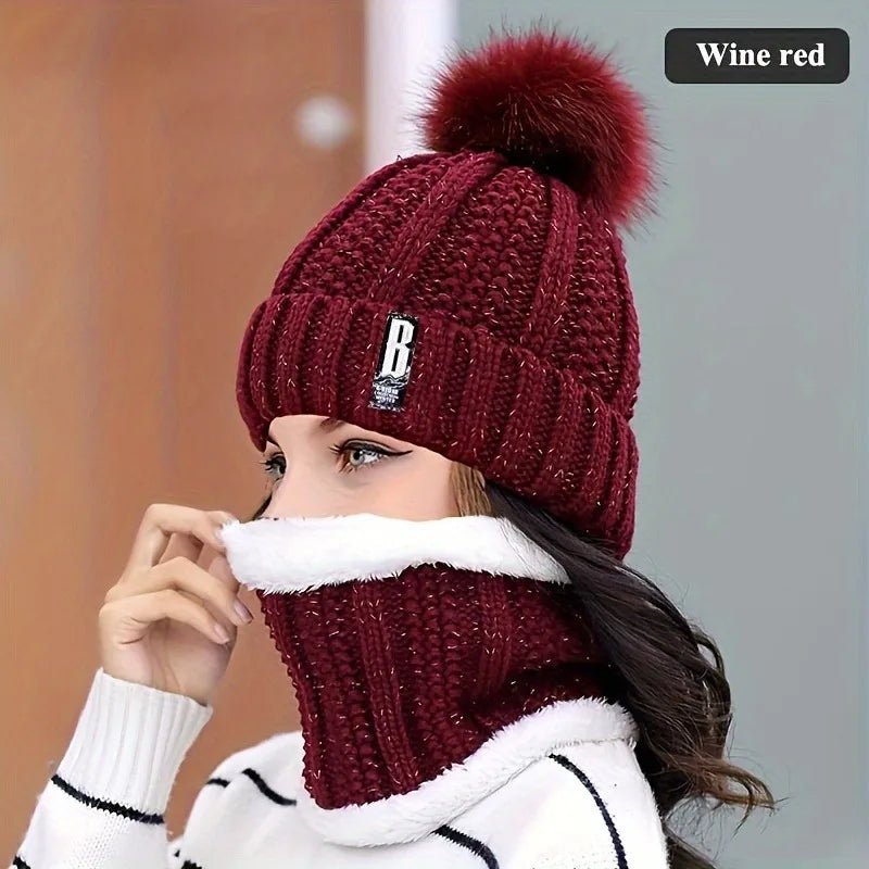 SaneShoppe - 2PCS winter warm knit hat set Winter hat thick plush windproof cold casual warm hat scarf