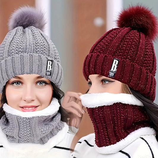 SaneShoppe - 2PCS winter warm knit hat set Winter hat thick plush windproof cold casual warm hat scarf
