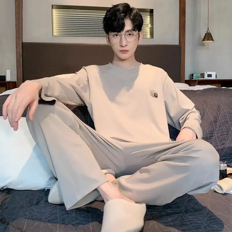 SaneShoppe-Men's Korean Style Plaid Pajama Set with Long-Sleeved Top and Pants