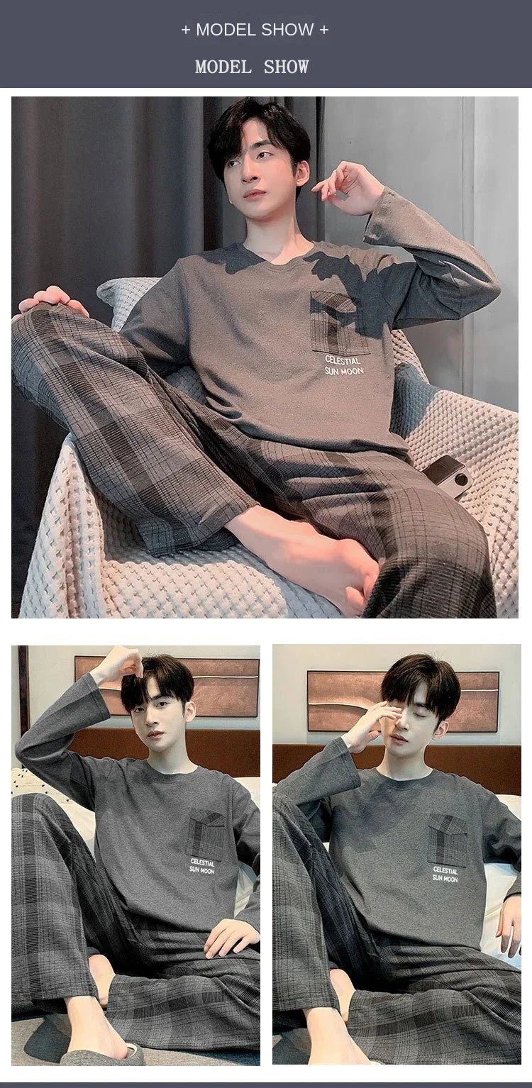SaneShoppe-Men's Korean Style Plaid Pajama Set with Long-Sleeved Top and Pants