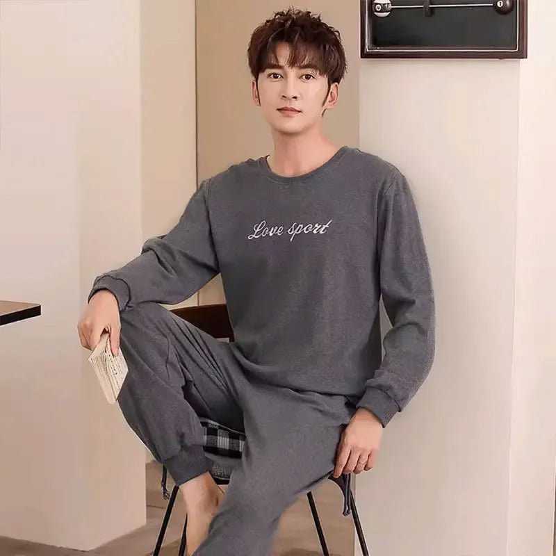 SaneShoppe-Men's Korean Style Plaid Pajama Set with Long-Sleeved Top and Pants