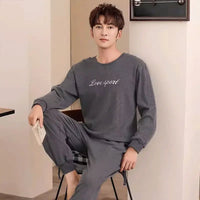 SaneShoppe-Men's Korean Style Plaid Pajama Set with Long-Sleeved Top and Pants