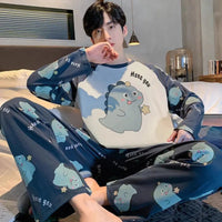 SaneShoppe-Men's Korean Style Plaid Pajama Set with Long-Sleeved Top and Pants