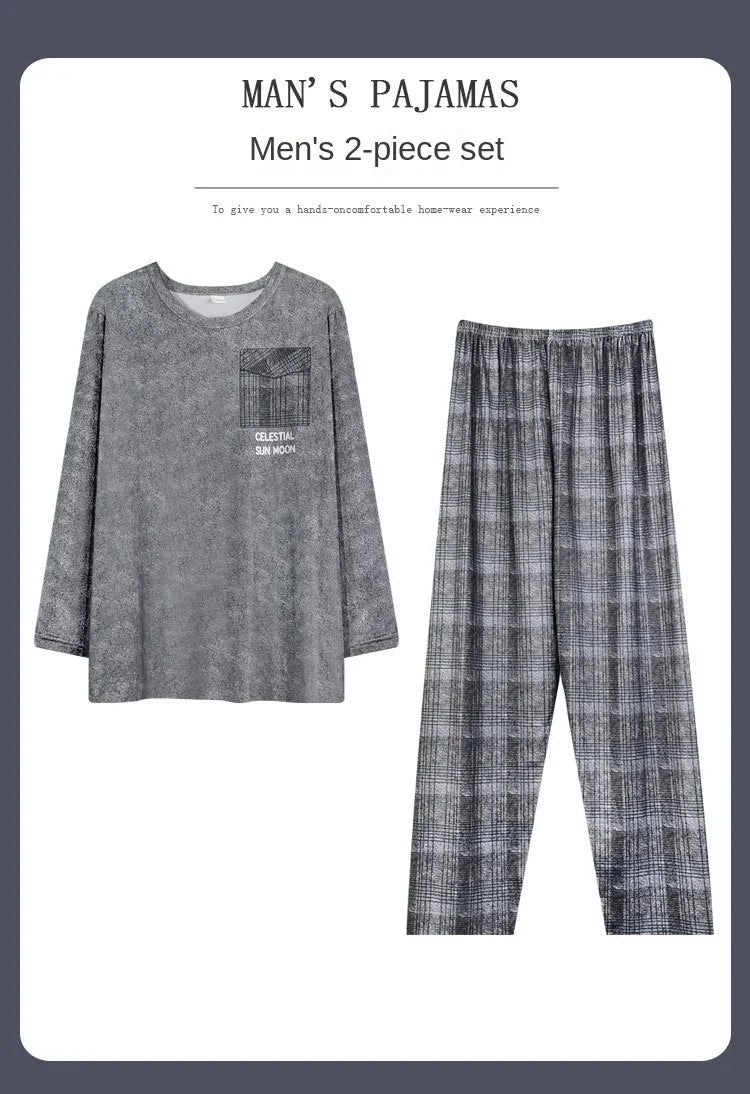 SaneShoppe-Men's Korean Style Plaid Pajama Set with Long-Sleeved Top and Pants