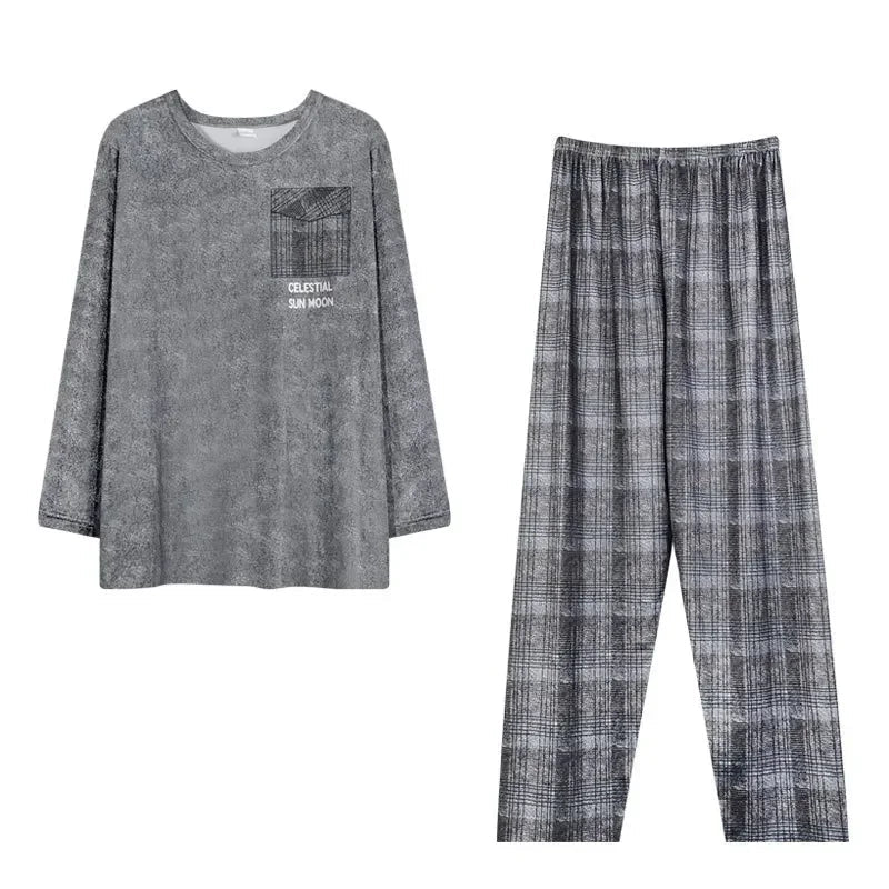 SaneShoppe-Men's Korean Style Plaid Pajama Set with Long-Sleeved Top and Pants