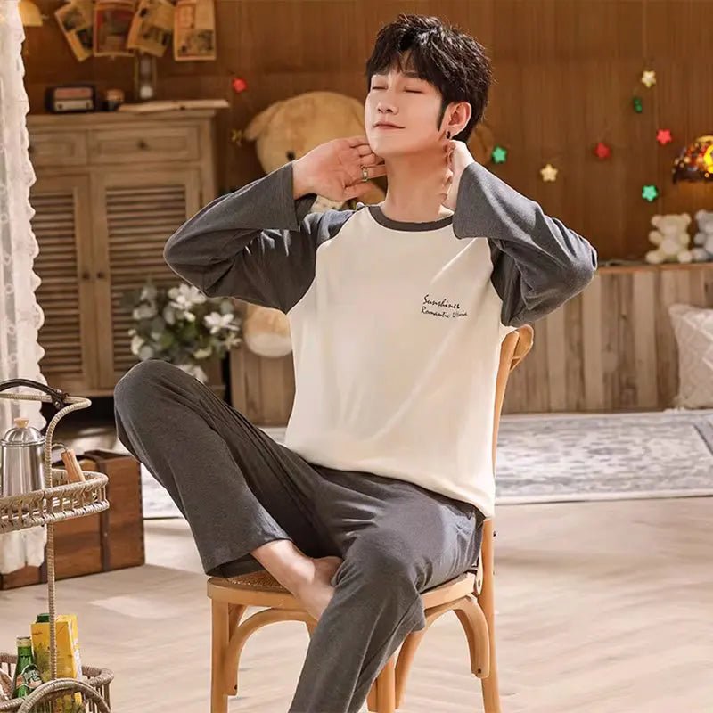 SaneShoppe-Men's Korean Style Plaid Pajama Set with Long-Sleeved Top and Pants