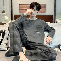 SaneShoppe-Men's Korean Style Plaid Pajama Set with Long-Sleeved Top and Pants