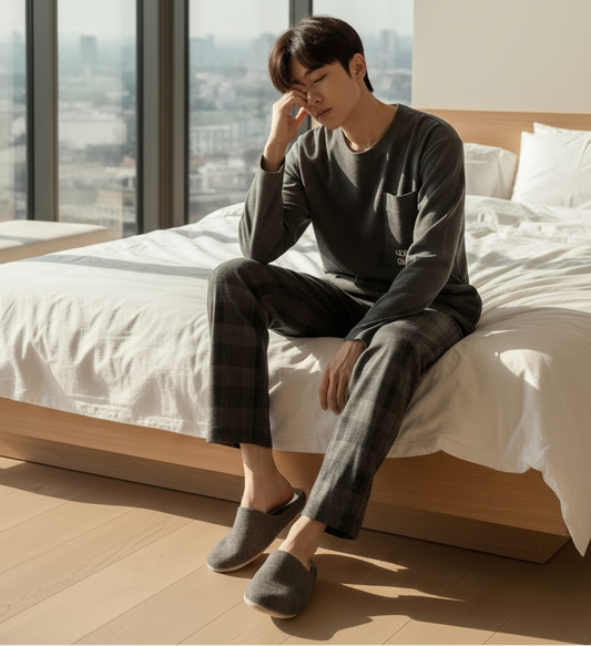 SaneShoppe-Men's Korean Style Plaid Pajama Set with Long-Sleeved Top and Pants