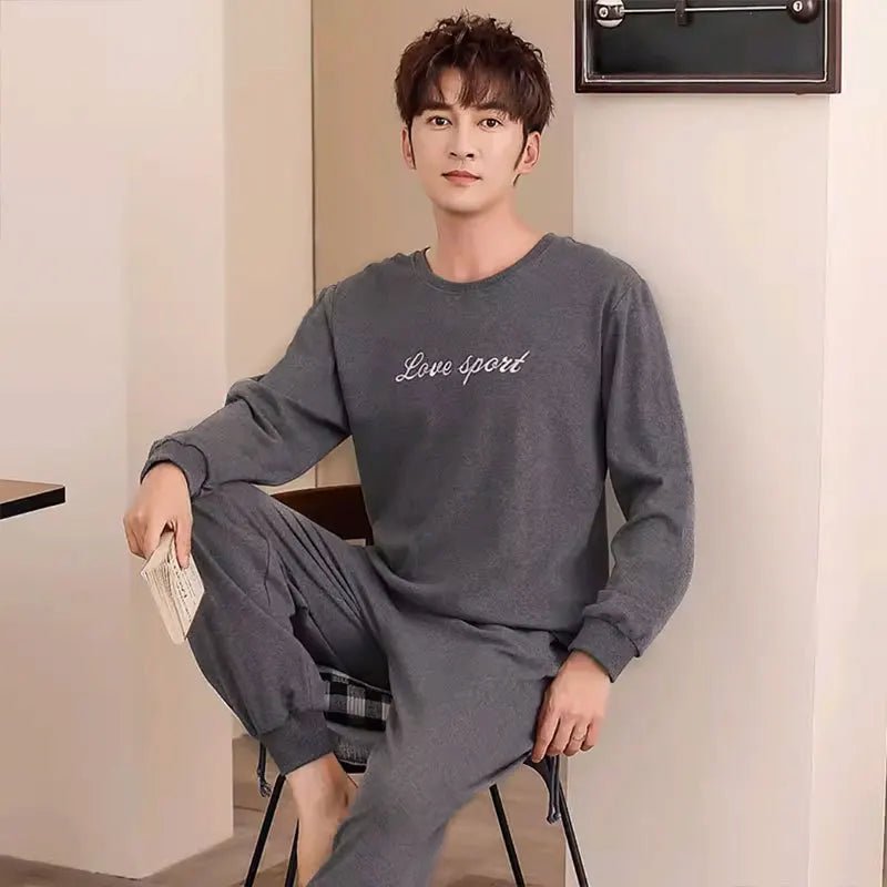 SaneShoppe-Men's Korean Style Plaid Pajama Set with Long-Sleeved Top and Pants