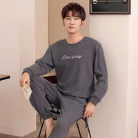 SaneShoppe-Men's Korean Style Plaid Pajama Set with Long-Sleeved Top and Pants