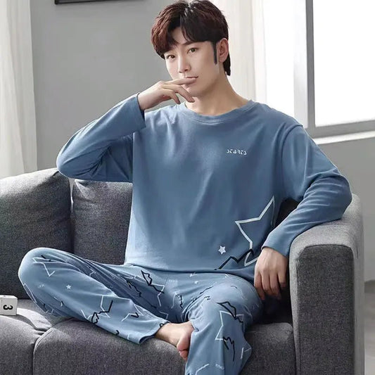 SaneShoppe-Men's Korean Style Plaid Pajama Set with Long-Sleeved Top and Pants