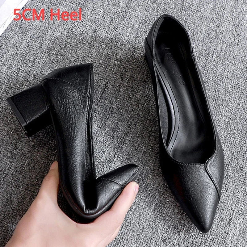 SaneShoppe - 3 - 5cm Chunky Heeled Women Shoes Square Heel Leather Shoes Pumps Zapatos De Mujer Fashion Designer Office Ladies Single Shoe