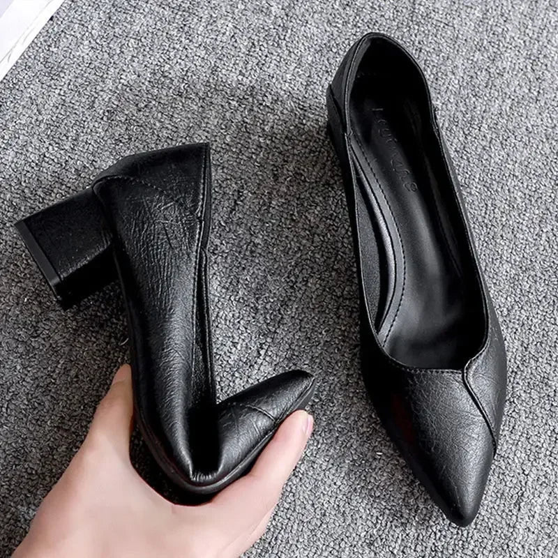 SaneShoppe - 3 - 5cm Chunky Heeled Women Shoes Square Heel Leather Shoes Pumps Zapatos De Mujer Fashion Designer Office Ladies Single Shoe