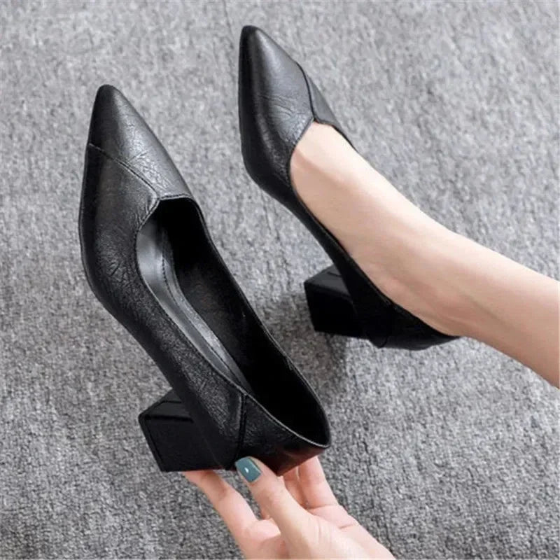 SaneShoppe - 3 - 5cm Chunky Heeled Women Shoes Square Heel Leather Shoes Pumps Zapatos De Mujer Fashion Designer Office Ladies Single Shoe