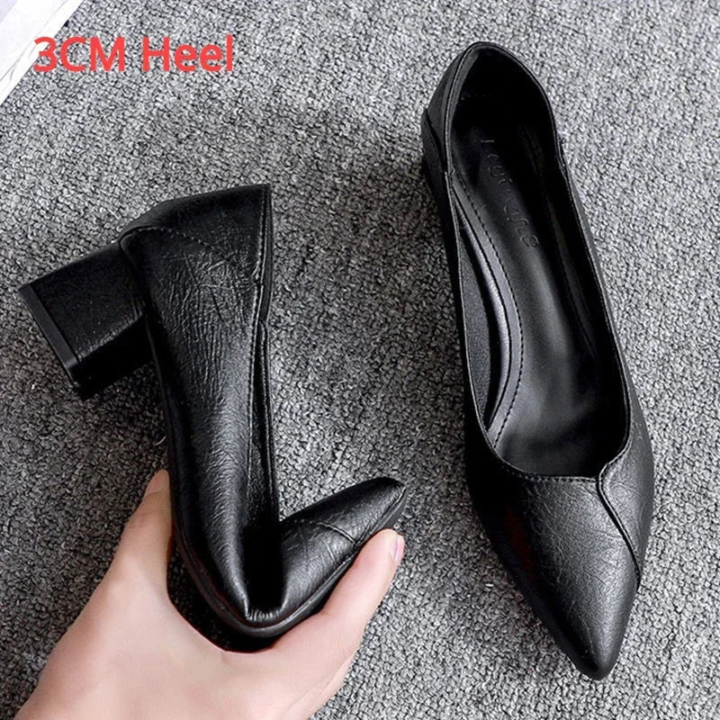 SaneShoppe - 3 - 5cm Chunky Heeled Women Shoes Square Heel Leather Shoes Pumps Zapatos De Mujer Fashion Designer Office Ladies Single Shoe