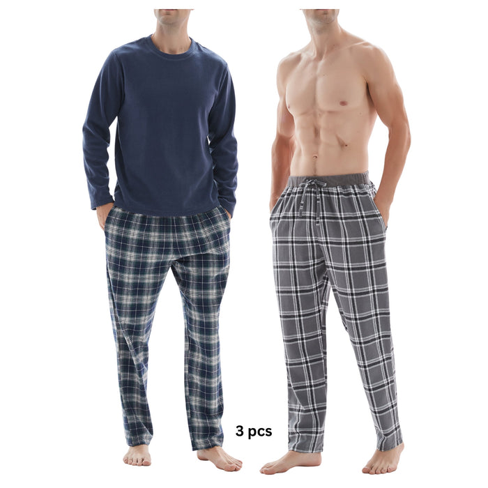 SaneShoppe-3-Piece Men's Pyjama Long-Sleeve Polyester Top and Check Cotton Pants.