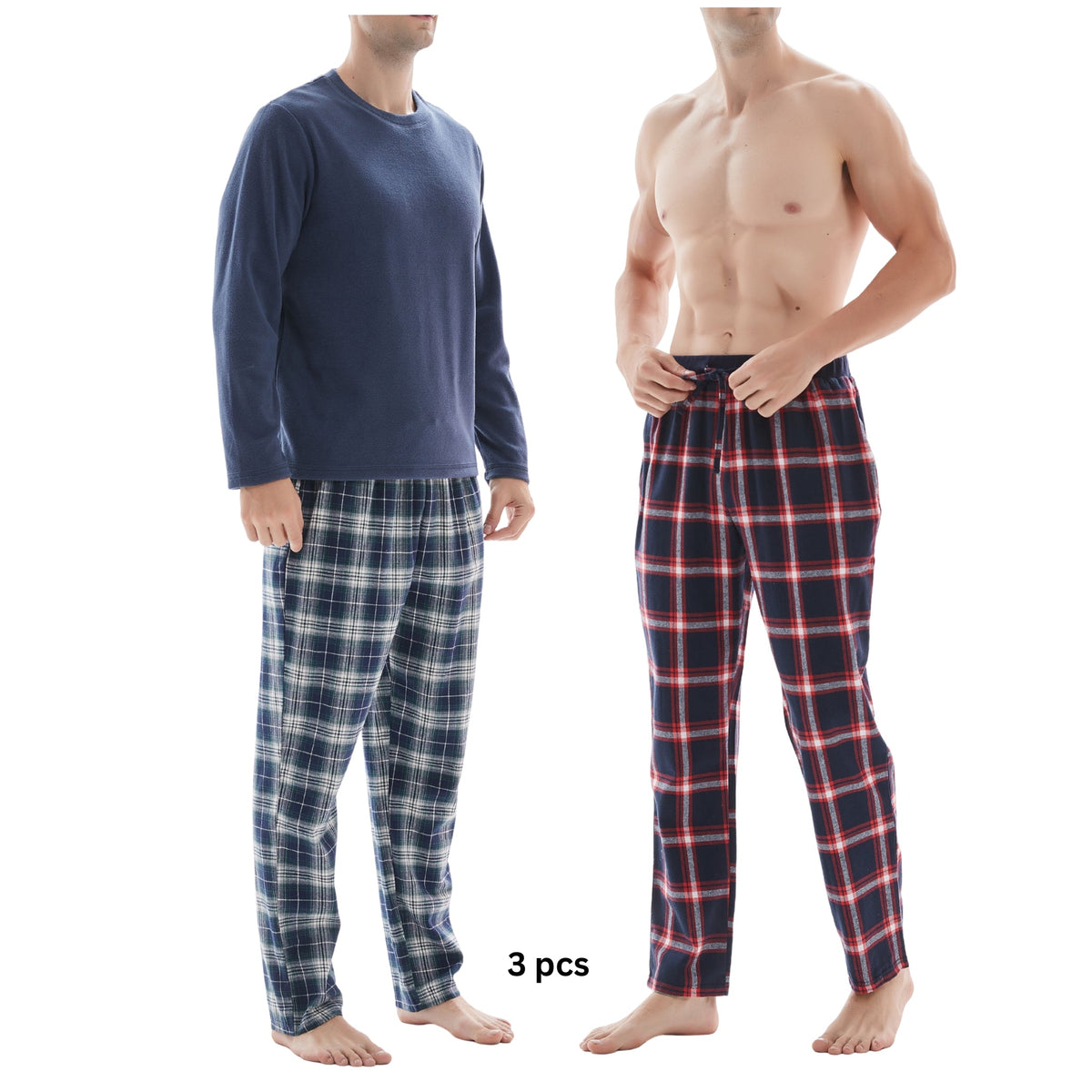 SaneShoppe - 3 - Piece Men's Pyjama Long - Sleeve Polyester Top and Check Cotton Pants.