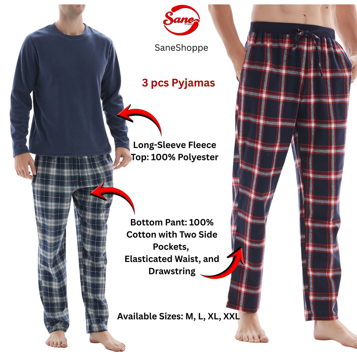 SaneShoppe - 3 - Piece Men's Pyjama Long - Sleeve Polyester Top and Check Cotton Pants.