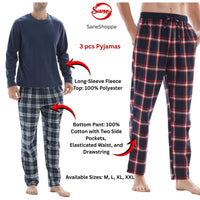 SaneShoppe - 3 - Piece Men's Pyjama Long - Sleeve Polyester Top and Check Cotton Pants.