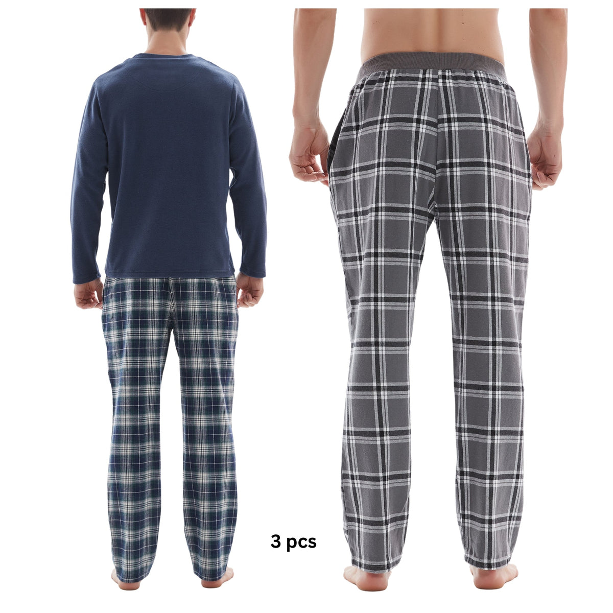 SaneShoppe - 3 - Piece Men's Pyjama Long - Sleeve Polyester Top and Check Cotton Pants.