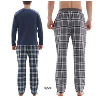 SaneShoppe - 3 - Piece Men's Pyjama Long - Sleeve Polyester Top and Check Cotton Pants.