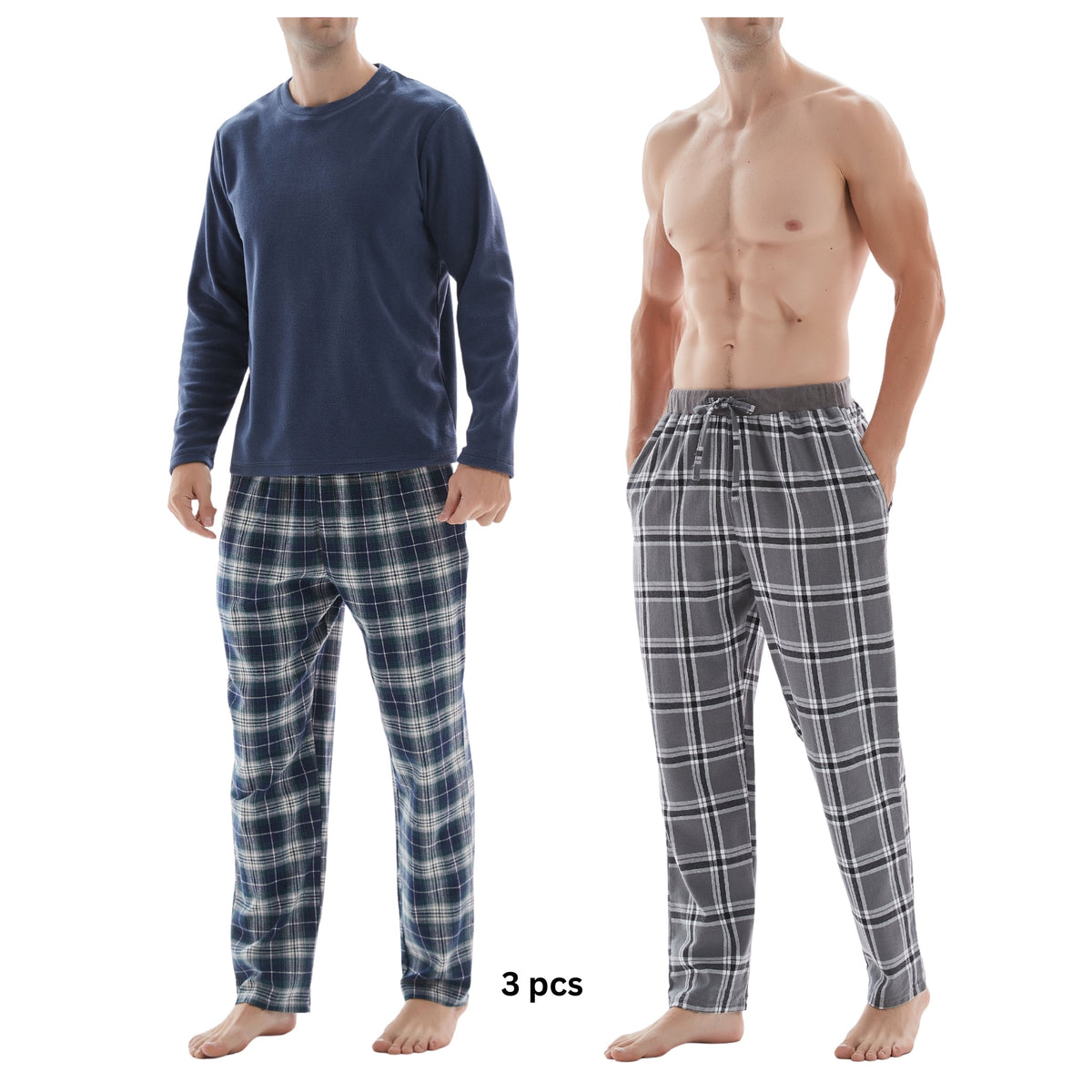 SaneShoppe - 3 - Piece Men's Pyjama Long - Sleeve Polyester Top and Check Cotton Pants.