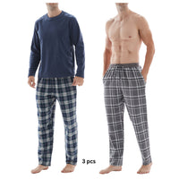 SaneShoppe - 3 - Piece Men's Pyjama Long - Sleeve Polyester Top and Check Cotton Pants.