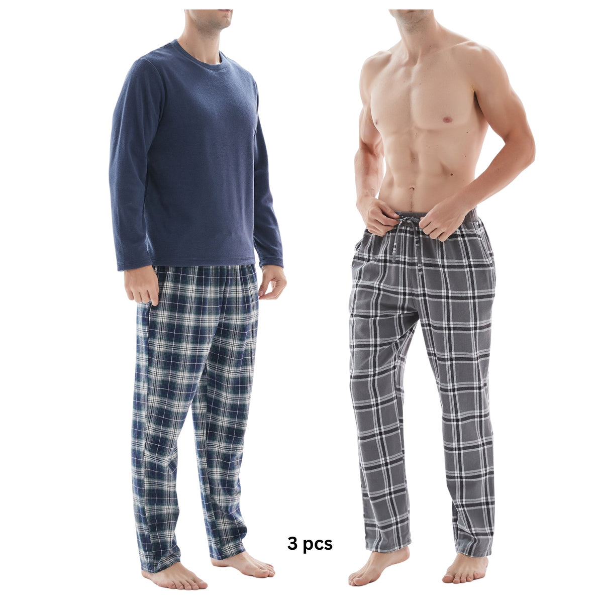 SaneShoppe - 3 - Piece Men's Pyjama Long - Sleeve Polyester Top and Check Cotton Pants.
