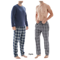 SaneShoppe - 3 - Piece Men's Pyjama Long - Sleeve Polyester Top and Check Cotton Pants.