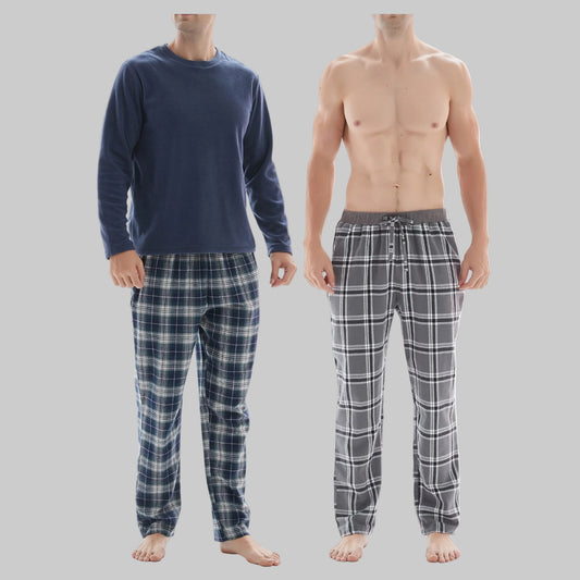 SaneShoppe-3-Piece Men's Pyjama Long-Sleeve Polyester Top and Check Cotton Pants.