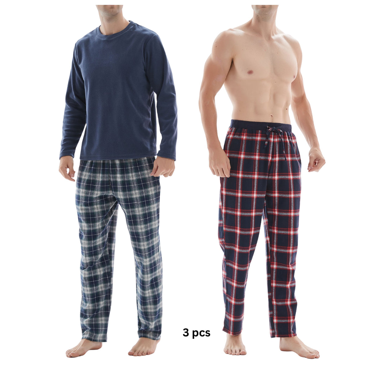 SaneShoppe - 3 - Piece Men's Pyjama Long - Sleeve Polyester Top and Check Cotton Pants.