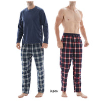SaneShoppe - 3 - Piece Men's Pyjama Long - Sleeve Polyester Top and Check Cotton Pants.