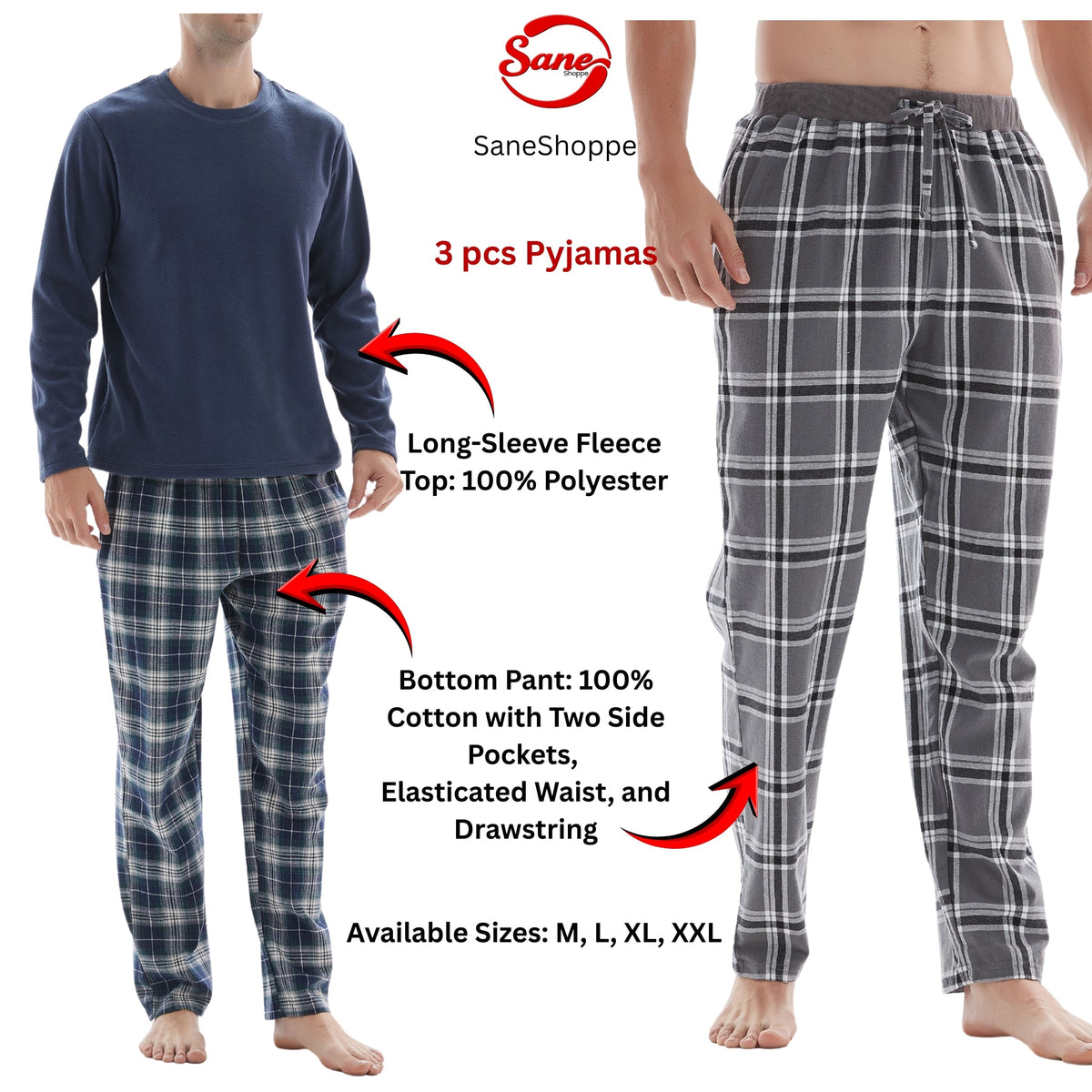 SaneShoppe - 3 - Piece Men's Pyjama Long - Sleeve Polyester Top and Check Cotton Pants.