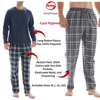 SaneShoppe - 3 - Piece Men's Pyjama Long - Sleeve Polyester Top and Check Cotton Pants.
