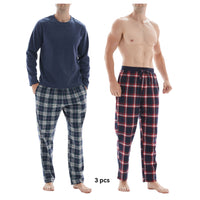 SaneShoppe - 3 - Piece Men's Pyjama Long - Sleeve Polyester Top and Check Cotton Pants.