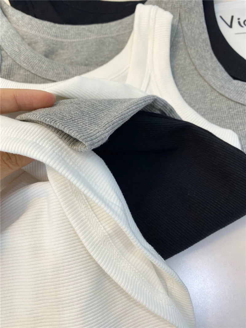 SaneShoppe - 3PCS Set Cotton Camisole Vest Paired Summer Slim Fit Clothing Simple Versatile Basic Top Breathable Womens Korean Style Tops