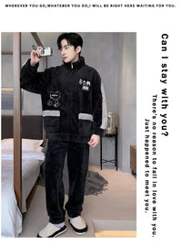 SaneShoppe 5XL Large Size Men's Winter Sleepwear Set Zipper Thick Coral Fleece Long Hair Warm Home Clothes Student Cartoon Flannel Pajamas 5XL Large Size Men's Winter Sleepwear Set Zipper Thick Coral Fleece Long Hair Warm Home Clothes Student Cartoon Flannel Pajamas