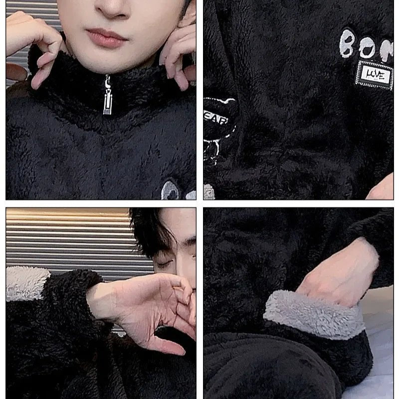 SaneShoppe - 5XL Men's Winter Fleece Pajama Set - Warm Cartoon Flannel Sleepwear