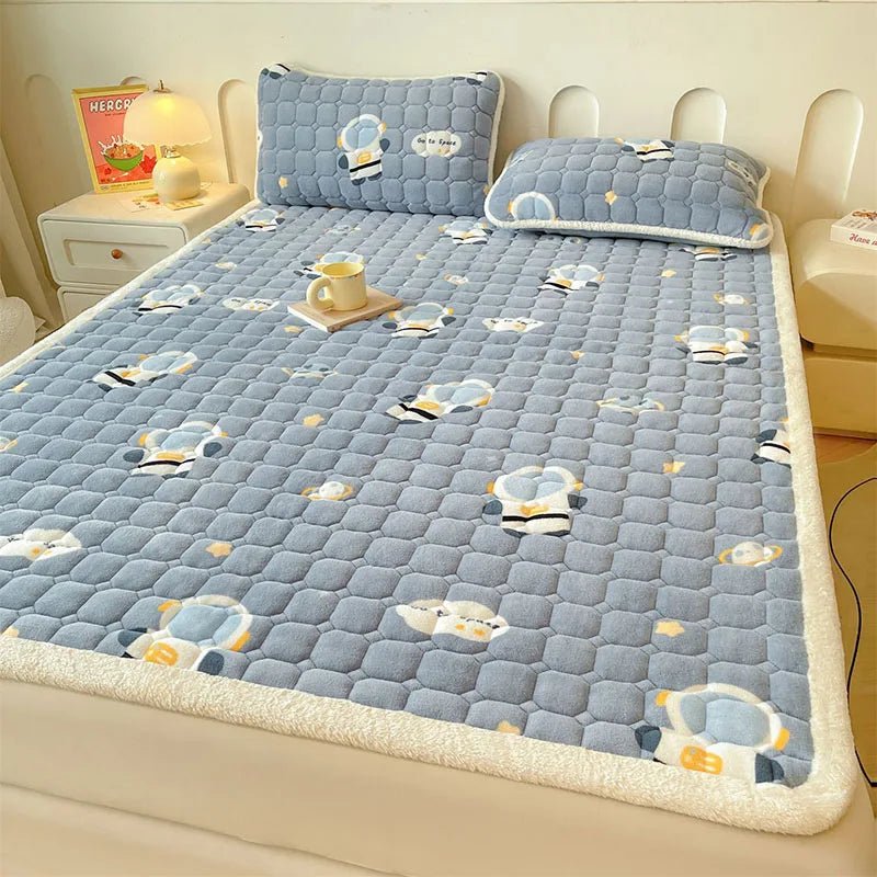 SaneShoppe - A - Class Milk Velvet Printed Mattress Topper Cartoon Thickened Warm Quilted Non - Slip Mat Student Dorm Cushion for All Seasons