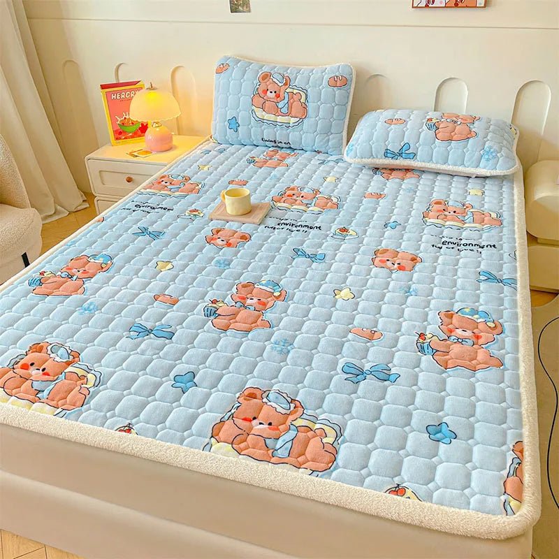 SaneShoppe - A - Class Milk Velvet Printed Mattress Topper Cartoon Thickened Warm Quilted Non - Slip Mat Student Dorm Cushion for All Seasons