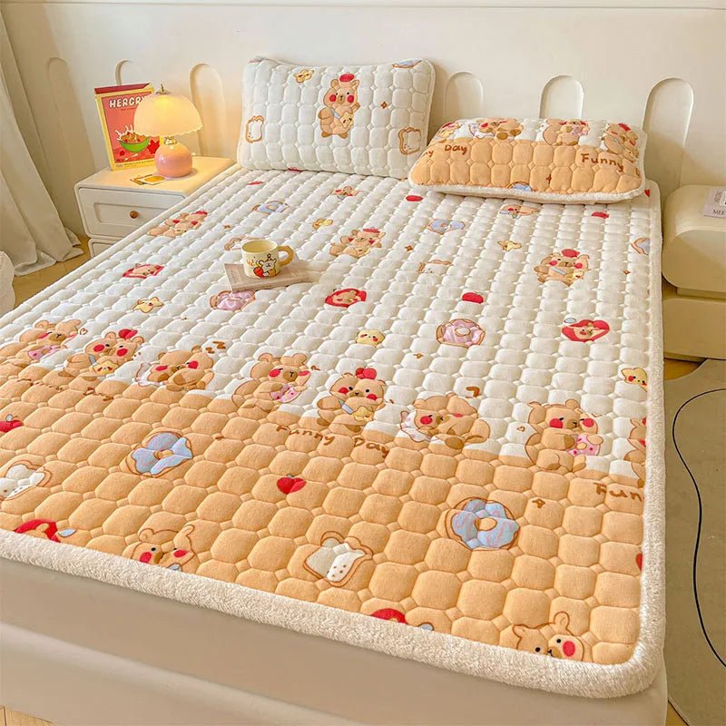 SaneShoppe - A - Class Milk Velvet Printed Mattress Topper Cartoon Thickened Warm Quilted Non - Slip Mat Student Dorm Cushion for All Seasons