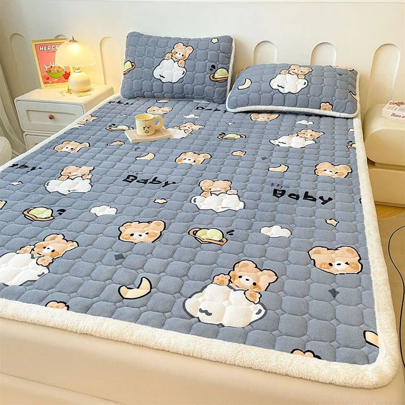 SaneShoppe - A - Class Milk Velvet Printed Mattress Topper Cartoon Thickened Warm Quilted Non - Slip Mat Student Dorm Cushion for All Seasons