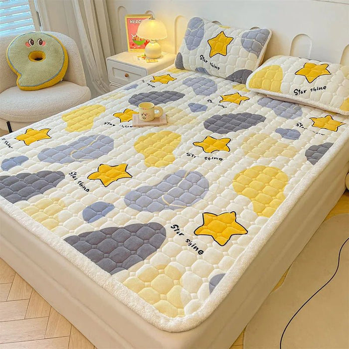 SaneShoppe - A - Class Milk Velvet Printed Mattress Topper Cartoon Thickened Warm Quilted Non - Slip Mat Student Dorm Cushion for All Seasons