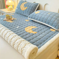 SaneShoppe - A - Class Milk Velvet Printed Mattress Topper Cartoon Thickened Warm Quilted Non - Slip Mat Student Dorm Cushion for All Seasons