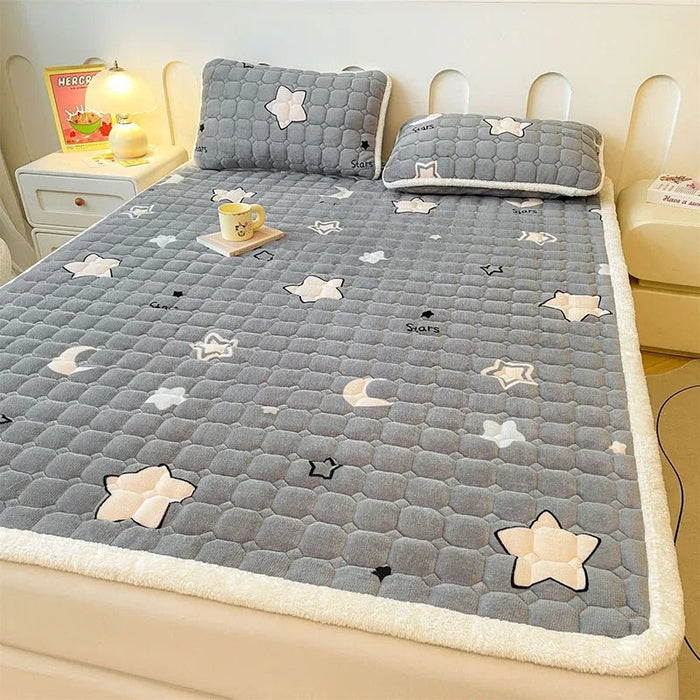 SaneShoppe - A - Class Milk Velvet Printed Mattress Topper Cartoon Thickened Warm Quilted Non - Slip Mat Student Dorm Cushion for All Seasons