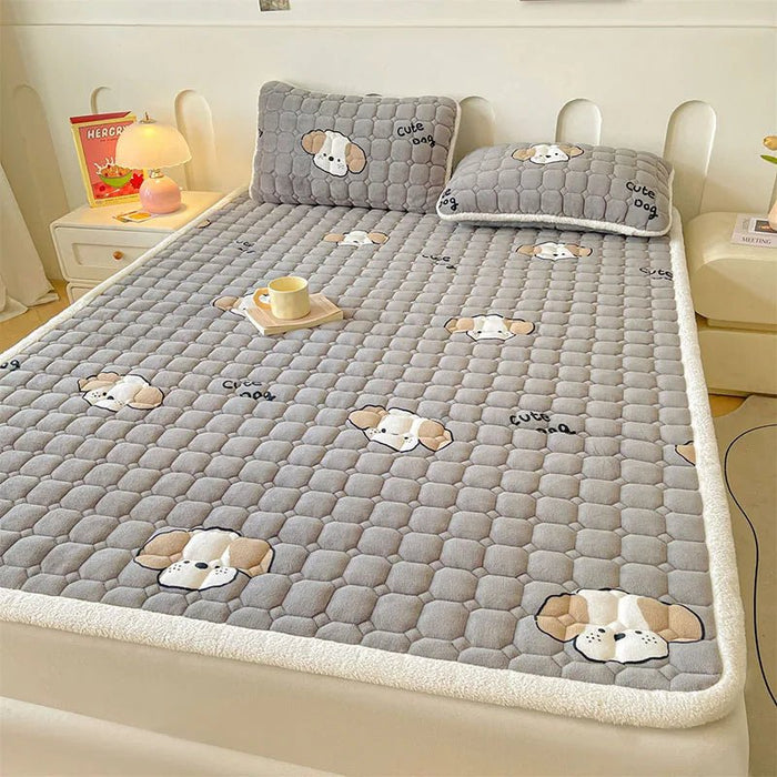 SaneShoppe - A - Class Milk Velvet Printed Mattress Topper Cartoon Thickened Warm Quilted Non - Slip Mat Student Dorm Cushion for All Seasons
