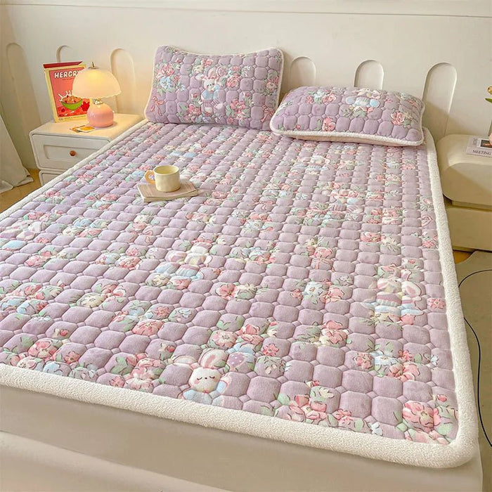 SaneShoppe - A - Class Milk Velvet Printed Mattress Topper Cartoon Thickened Warm Quilted Non - Slip Mat Student Dorm Cushion for All Seasons