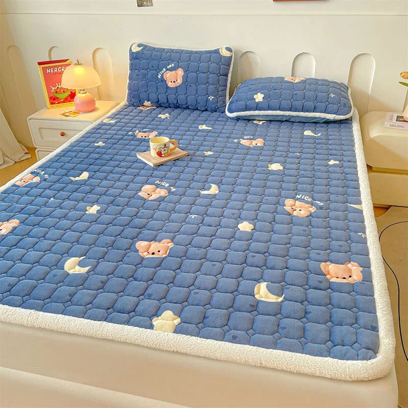 SaneShoppe - A - Class Milk Velvet Printed Mattress Topper Cartoon Thickened Warm Quilted Non - Slip Mat Student Dorm Cushion for All Seasons